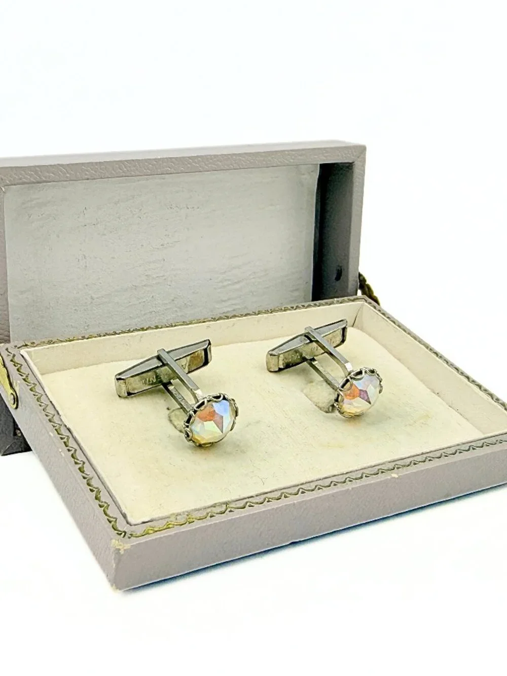 MCM Marked Pat Pend AB Crystals Silver Plated Evening Wear Cufflinks